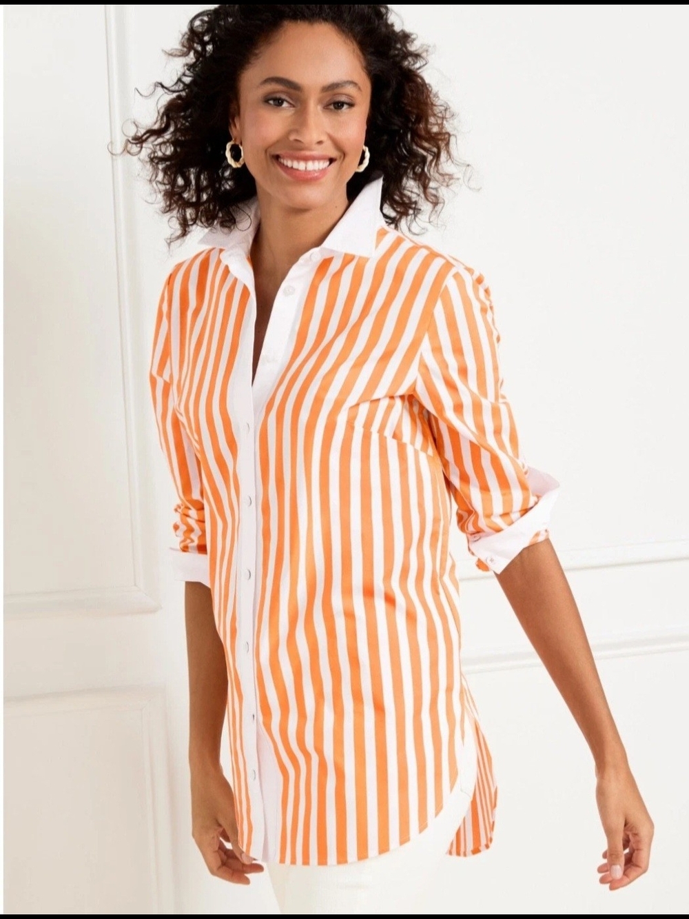Talbots Orange and White Vertical Stripe Button-Down Shirt